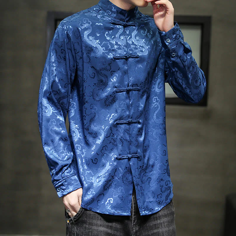 Buddha Stones Casual Dragon Pattern Frog-button Tang Suit Lino Giacca Camicia Uomo - Image 4