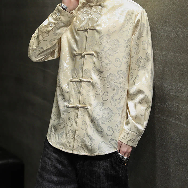 Buddha Stones Casual Dragon Pattern Frog-button Tang Suit Lino Giacca Camicia Uomo - Image 41