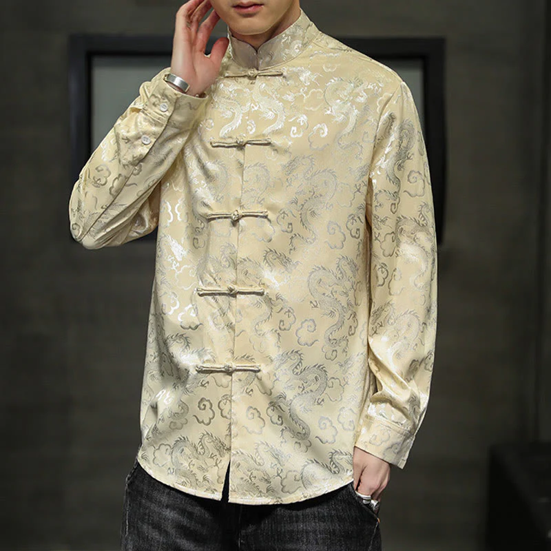 Buddha Stones Casual Dragon Pattern Frog-button Tang Suit Lino Giacca Camicia Uomo - Image 42