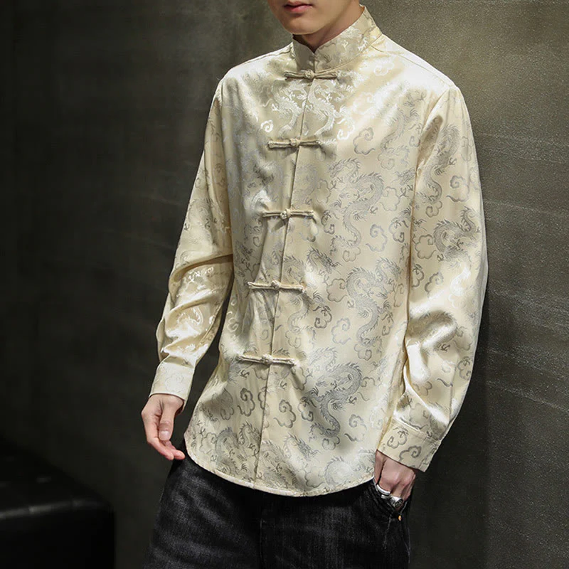 Buddha Stones Casual Dragon Pattern Frog-button Tang Suit Lino Giacca Camicia Uomo - Image 44