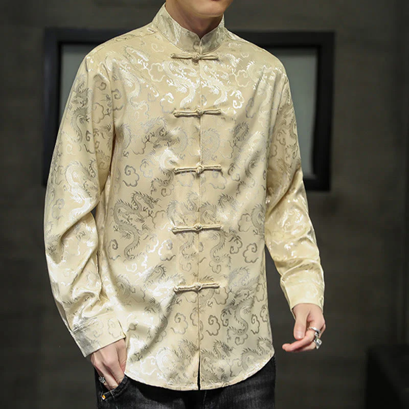 Buddha Stones Casual Dragon Pattern Frog-button Tang Suit Lino Giacca Camicia Uomo - Image 45