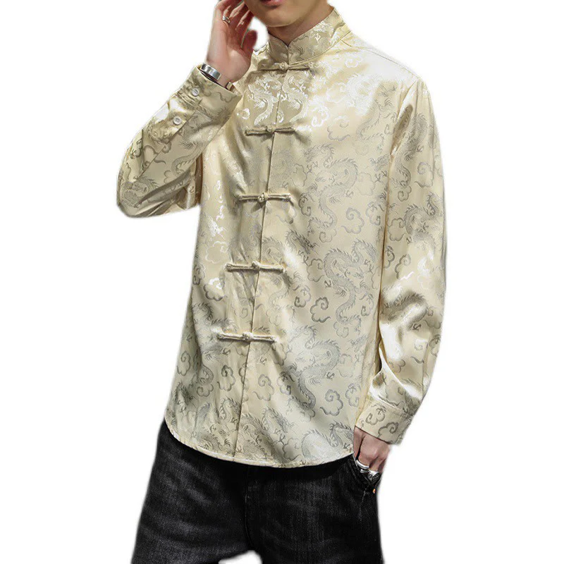 Buddha Stones Casual Dragon Pattern Frog-button Tang Suit Lino Giacca Camicia Uomo - Image 47