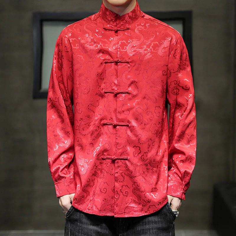 Buddha Stones Casual Dragon Pattern Frog-button Tang Suit Lino Giacca Camicia Uomo - Image 48