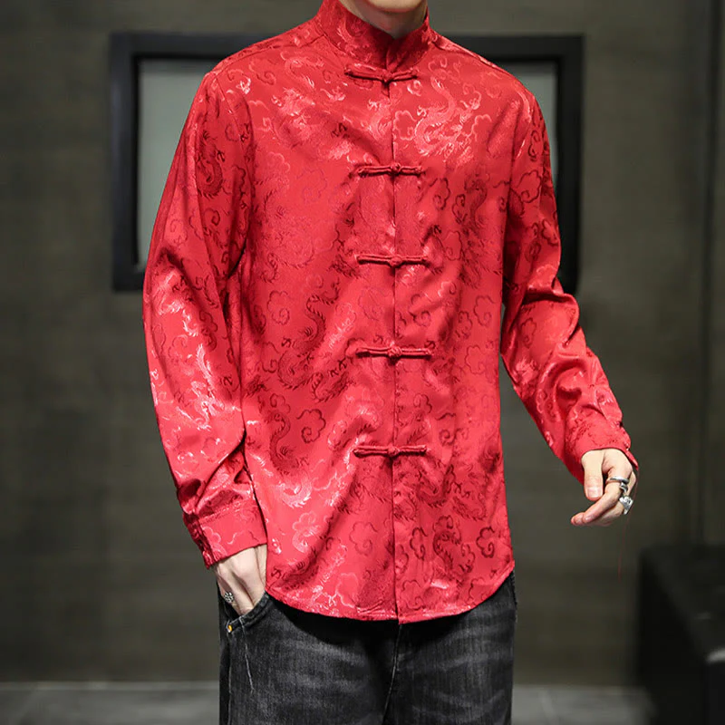 Buddha Stones Casual Dragon Pattern Frog-button Tang Suit Lino Giacca Camicia Uomo - Image 49