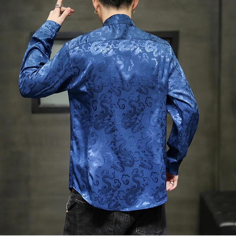 Buddha Stones Casual Dragon Pattern Frog-button Tang Suit Lino Giacca Camicia Uomo - Image 5