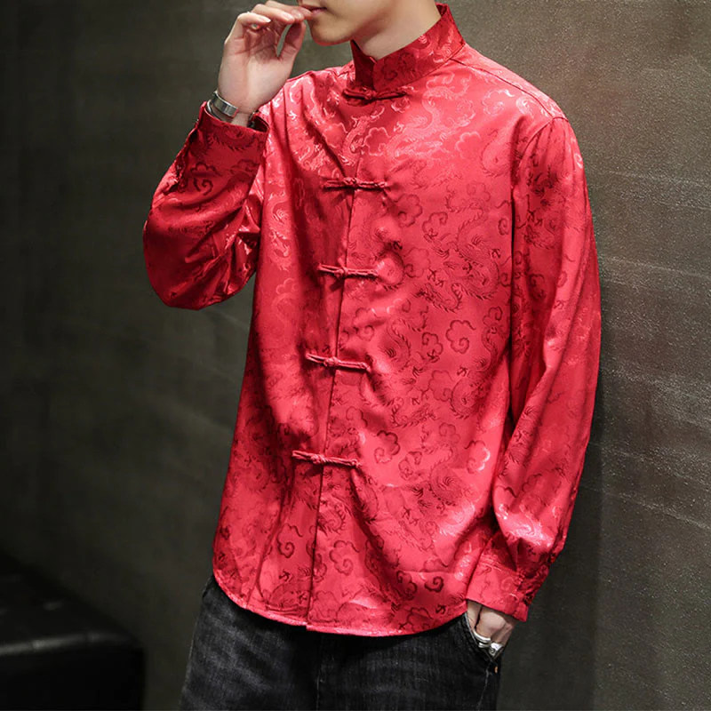 Buddha Stones Casual Dragon Pattern Frog-button Tang Suit Lino Giacca Camicia Uomo - Image 52
