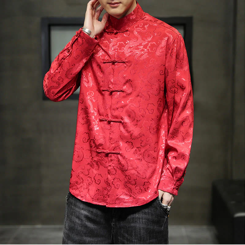 Buddha Stones Casual Dragon Pattern Frog-button Tang Suit Lino Giacca Camicia Uomo - Image 53