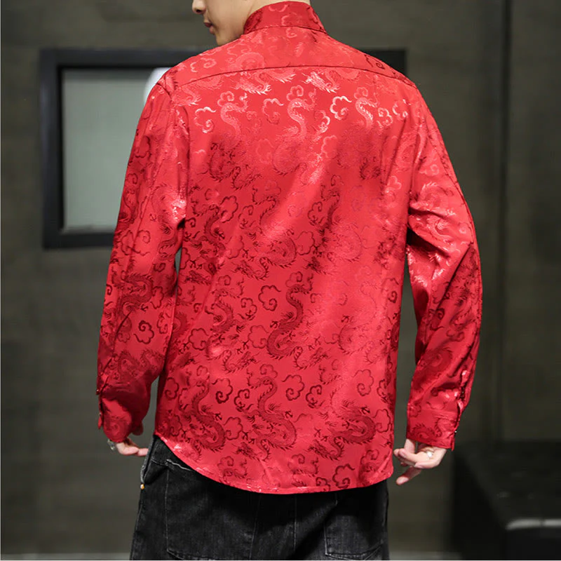 Buddha Stones Casual Dragon Pattern Frog-button Tang Suit Lino Giacca Camicia Uomo - Image 54