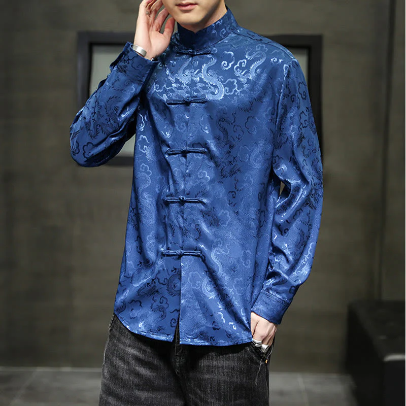 Buddha Stones Casual Dragon Pattern Frog-button Tang Suit Lino Giacca Camicia Uomo - Image 7