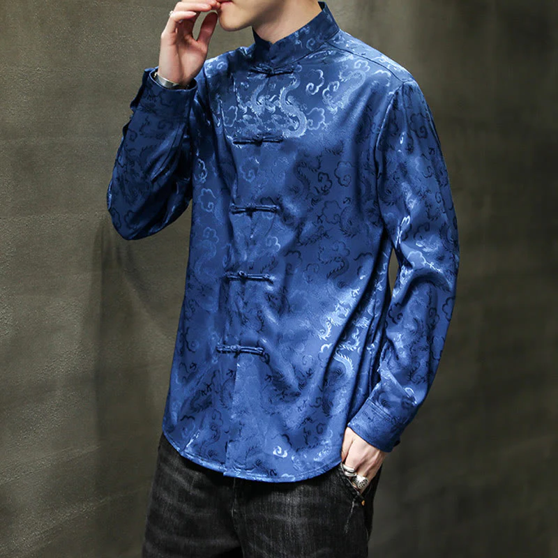 Buddha Stones Casual Dragon Pattern Frog-button Tang Suit Lino Giacca Camicia Uomo - Image 8