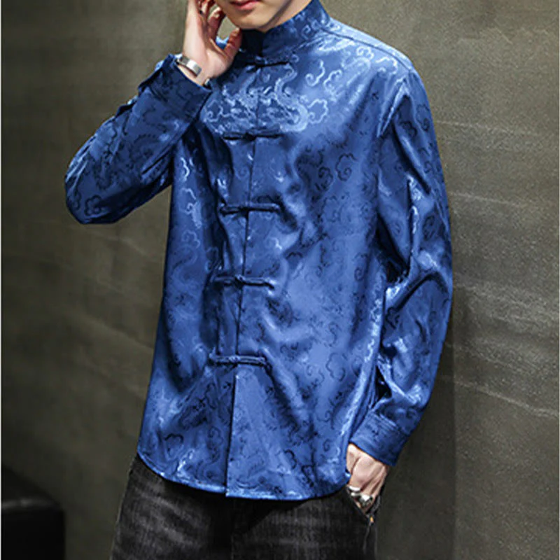 Buddha Stones Casual Dragon Pattern Frog-button Tang Suit Lino Giacca Camicia Uomo - Image 9