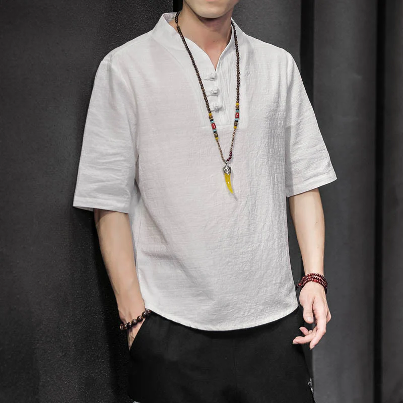 Camicia casual estiva a maniche corte in cotone con Buddha Stones, abbigliamento da uomo
