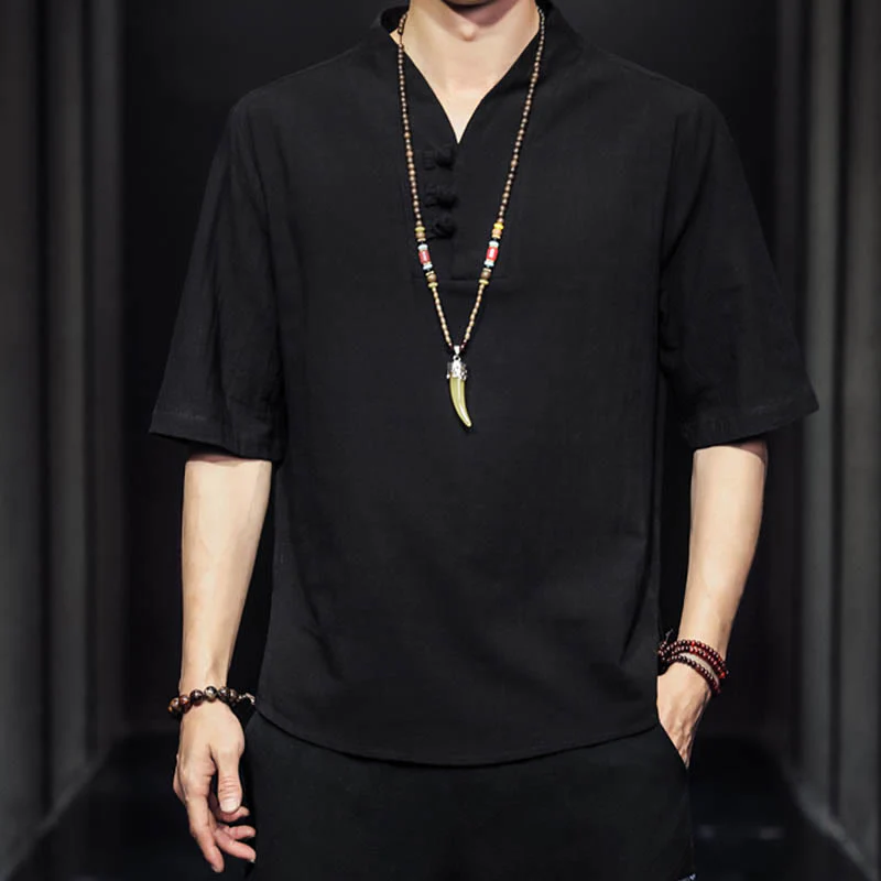 Camicia casual estiva a maniche corte in cotone con Buddha Stones, abbigliamento da uomo - Image 10