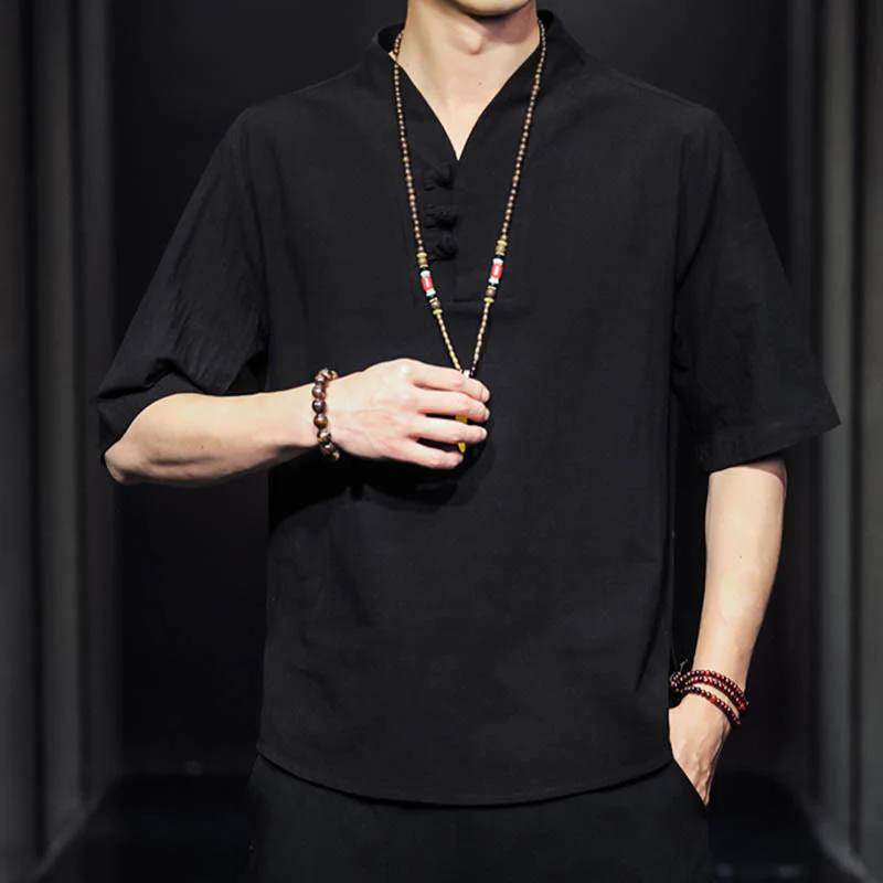 Camicia casual estiva a maniche corte in cotone con Buddha Stones, abbigliamento da uomo - Image 13