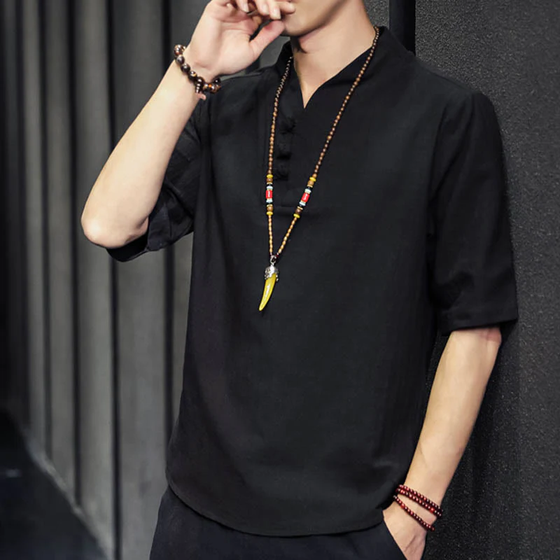 Camicia casual estiva a maniche corte in cotone con Buddha Stones, abbigliamento da uomo - Image 15