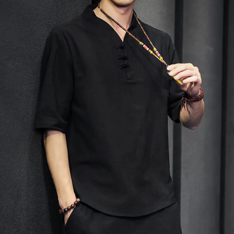Camicia casual estiva a maniche corte in cotone con Buddha Stones, abbigliamento da uomo - Image 16