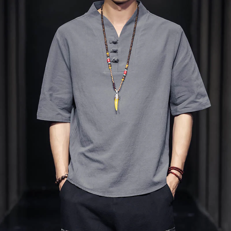 Camicia casual estiva a maniche corte in cotone con Buddha Stones, abbigliamento da uomo - Image 18