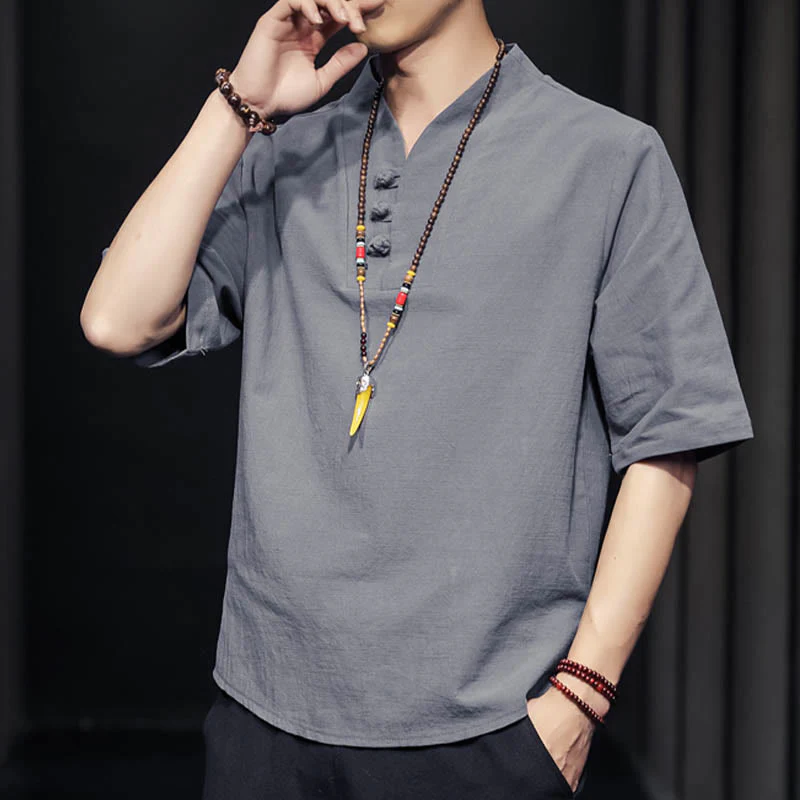 Camicia casual estiva a maniche corte in cotone con Buddha Stones, abbigliamento da uomo - Image 22
