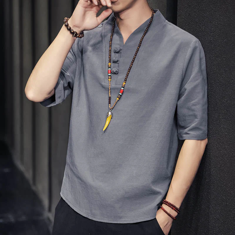 Camicia casual estiva a maniche corte in cotone con Buddha Stones, abbigliamento da uomo - Image 24