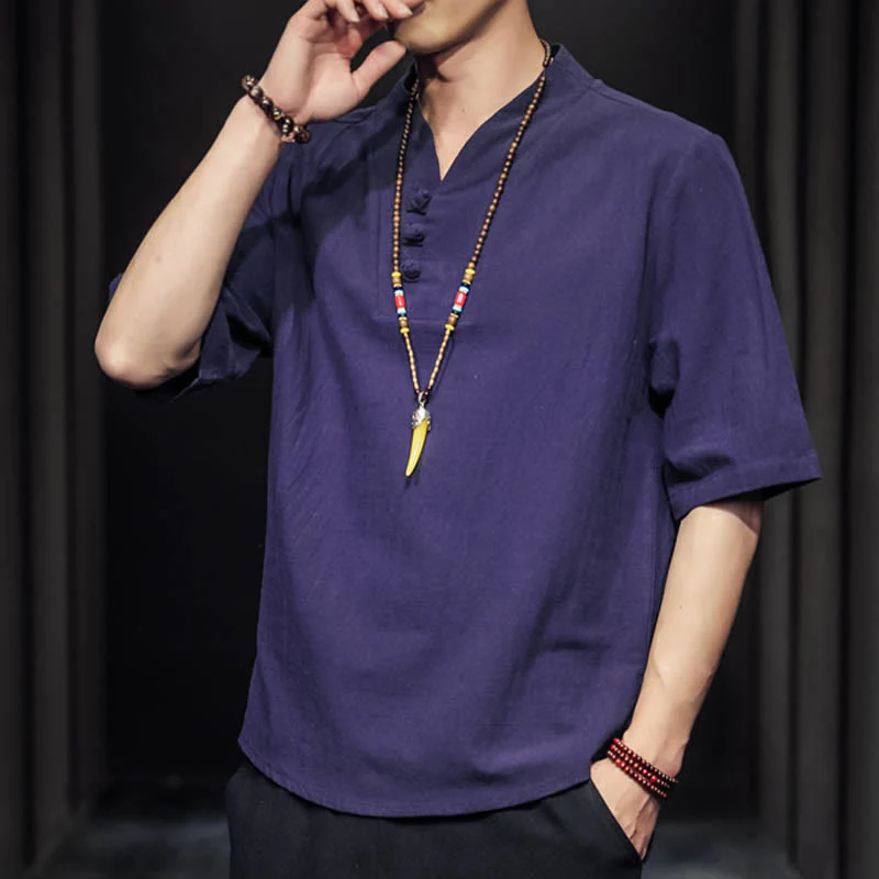 Camicia casual estiva a maniche corte in cotone con Buddha Stones, abbigliamento da uomo - Image 29