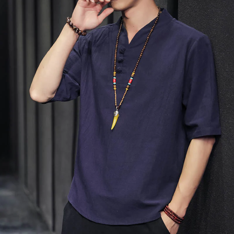 Camicia casual estiva a maniche corte in cotone con Buddha Stones, abbigliamento da uomo - Image 30