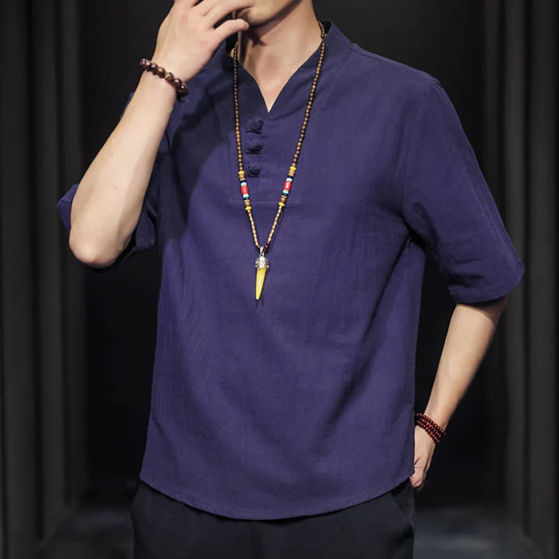 Camicia casual estiva a maniche corte in cotone con Buddha Stones, abbigliamento da uomo - Image 31