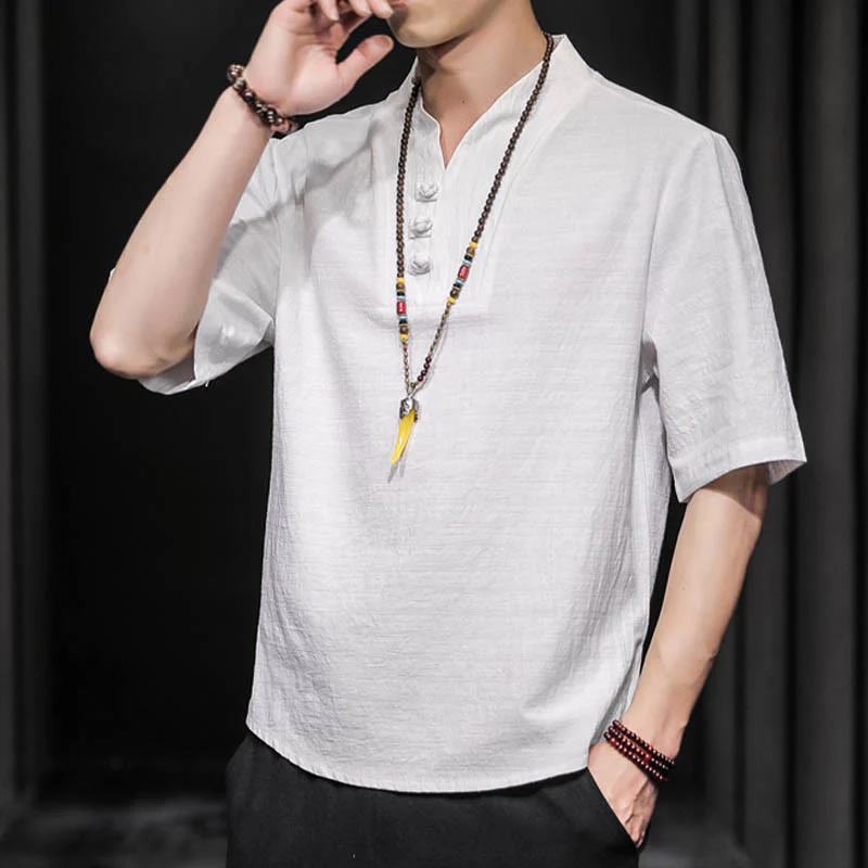Camicia casual estiva a maniche corte in cotone con Buddha Stones, abbigliamento da uomo - Image 4