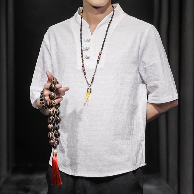 Camicia casual estiva a maniche corte in cotone con Buddha Stones, abbigliamento da uomo - Image 5