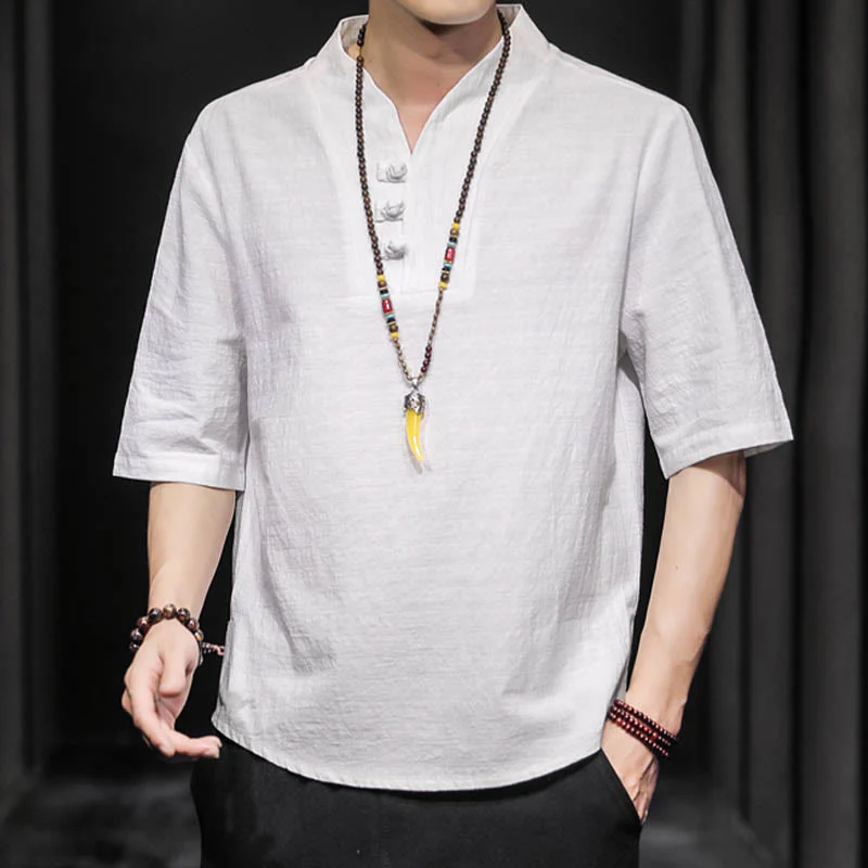 Camicia casual estiva a maniche corte in cotone con Buddha Stones, abbigliamento da uomo - Image 6