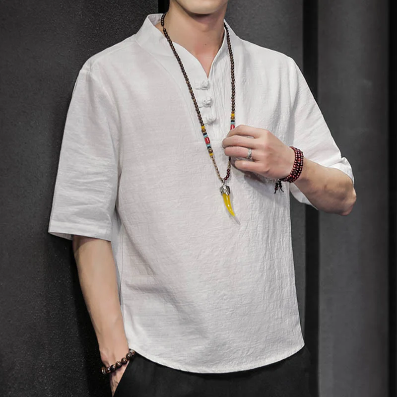 Camicia casual estiva a maniche corte in cotone con Buddha Stones, abbigliamento da uomo - Image 7
