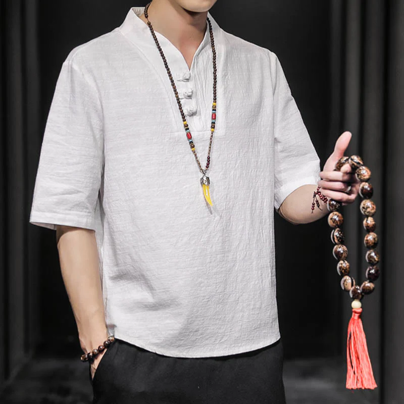 Camicia casual estiva a maniche corte in cotone con Buddha Stones, abbigliamento da uomo - Image 8