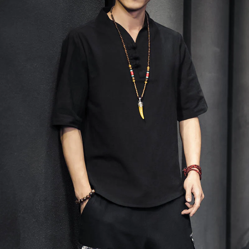 Camicia casual estiva a maniche corte in cotone con Buddha Stones, abbigliamento da uomo - Image 9