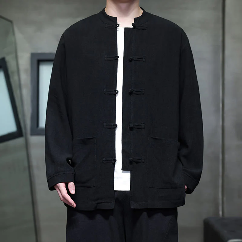 Buddha Stones Casual Tinta Unita Rana-bottoni Lino Giacca Camicia Uomo Con Tasche - Image 11