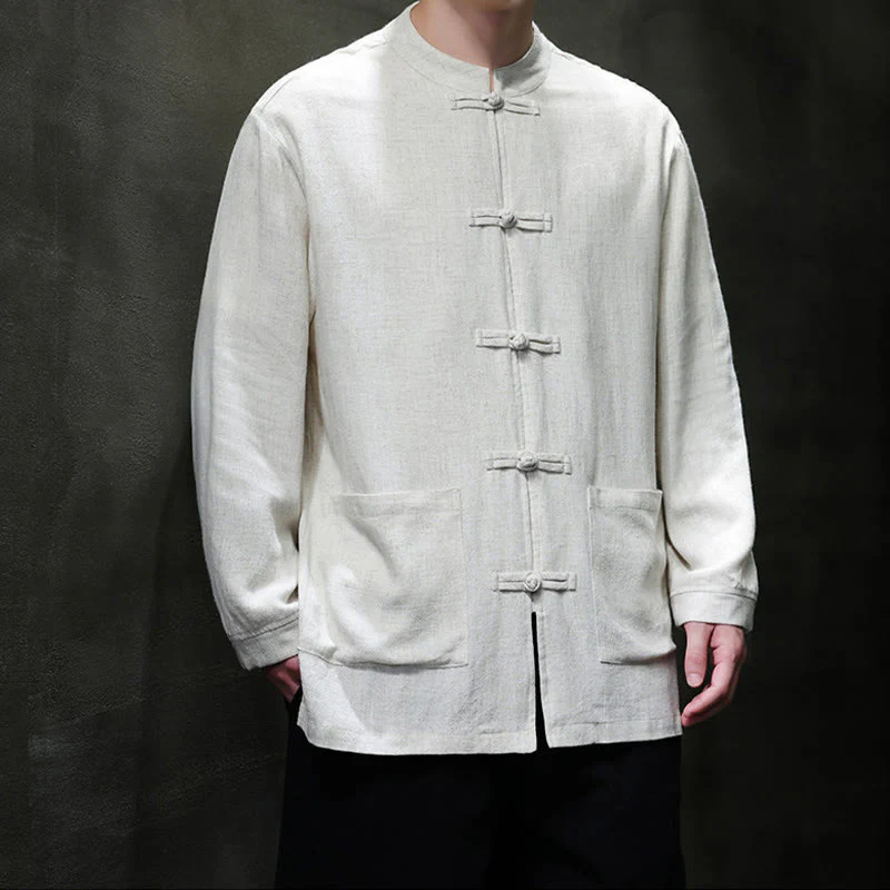 Buddha Stones Casual Tinta Unita Rana-bottoni Lino Giacca Camicia Uomo Con Tasche - Image 18