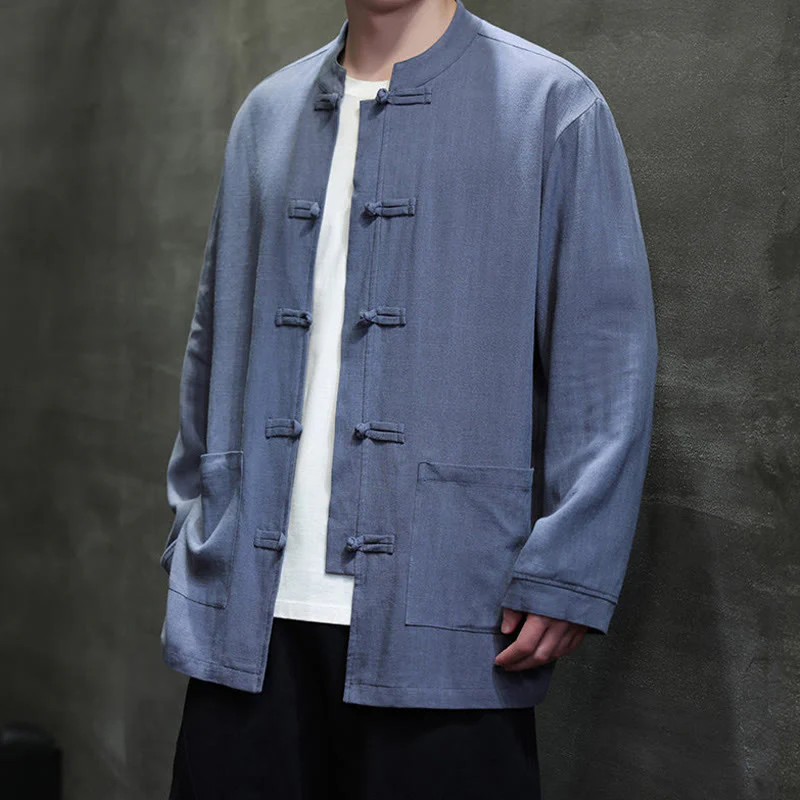Buddha Stones Casual Tinta Unita Rana-bottoni Lino Giacca Camicia Uomo Con Tasche - Image 3