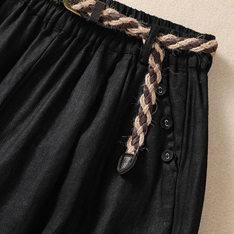 Buddha Stones Casual Tinta Unita Risvolta Polsino Cintura Cotone Lino Pantaloncini da Donna con Tasche - Image 12