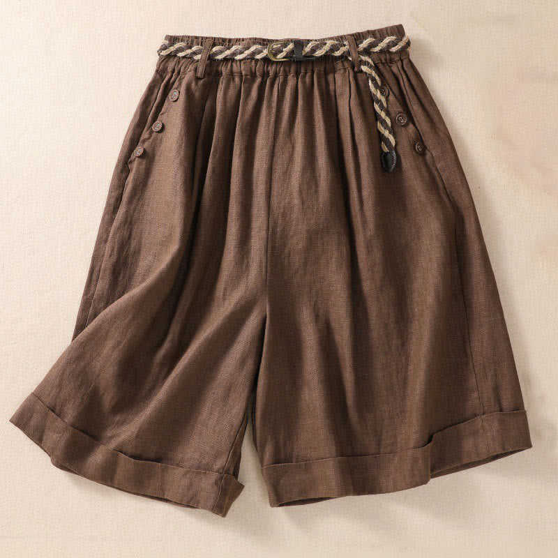 Buddha Stones Casual Tinta Unita Risvolta Polsino Cintura Cotone Lino Pantaloncini da Donna con Tasche - Image 13