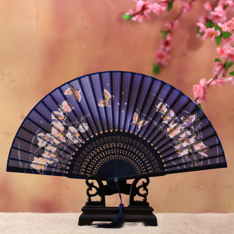 Buddha Stones Cherry Blossom Lily Butterfly Bamboo Ventaglio pieghevole in bambù portatile 21 cm - Image 3