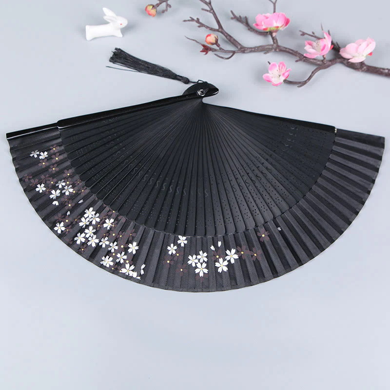 Buddha Stones Cherry Blossom Sakura Camellia Ventaglio pieghevole in bambù e seta portatile da 21 cm - Image 3
