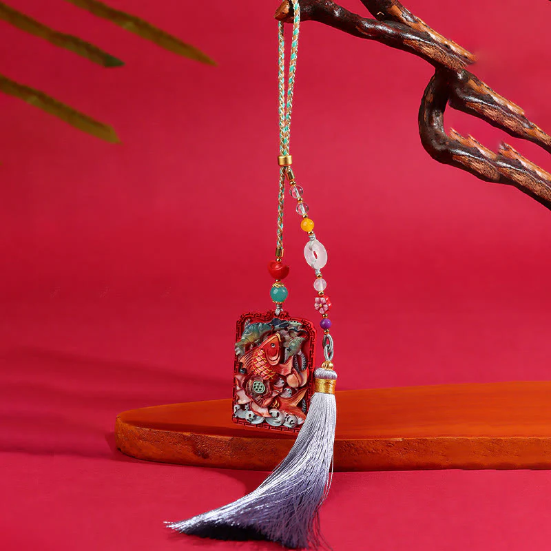 Buddha Stones Cinabro naturale Pesce Koi Loto Design Benedizione Fibbia della pace Decorazione da appendere all'auto - Image 12