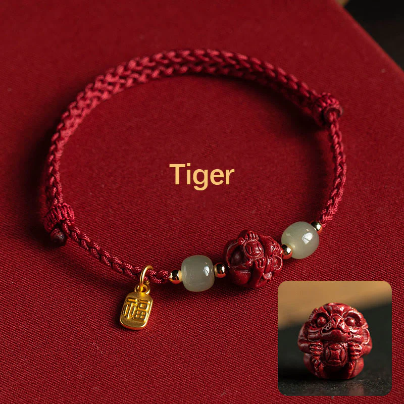Buddha Stones , cinabro naturale, zodiaco cinese, giada Hetian, carattere Fu, braccialetto di corda della fortuna - Image 3