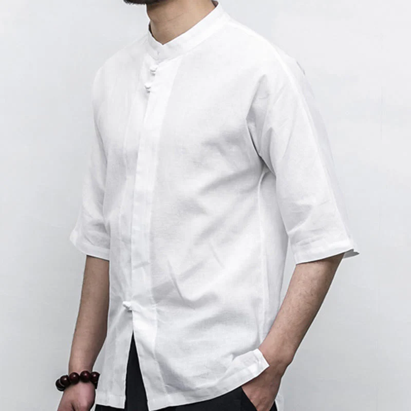 Buddha Stones Cinese Rana-Bottone Tang Suit Zen Mezza Manica Camicia Lino Abbigliamento Uomo - Image 8
