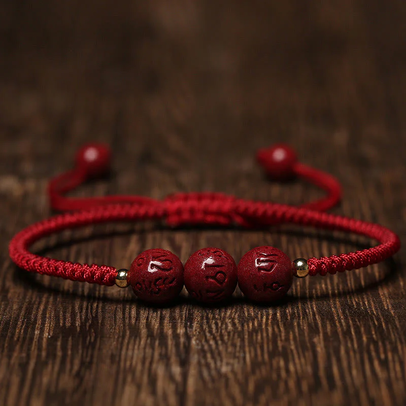 Buddha Stones Cinnabar fatto a mano Om Mani Padme Hum Perline incise Bracciale intrecciato per la benedizione