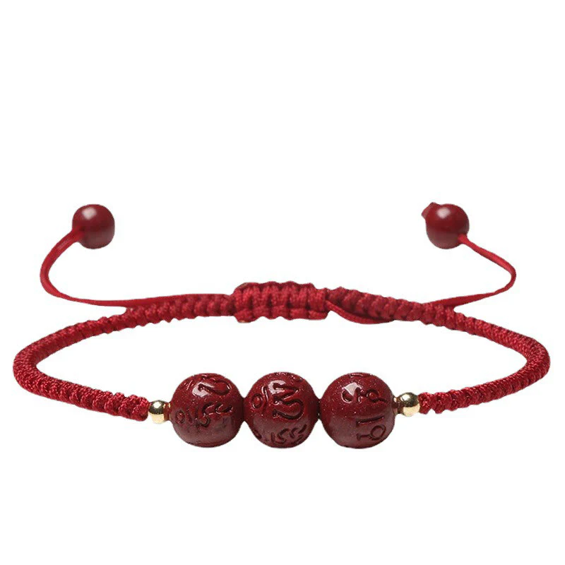 Buddha Stones Cinnabar fatto a mano Om Mani Padme Hum Perline incise Bracciale intrecciato per la benedizione - Image 4