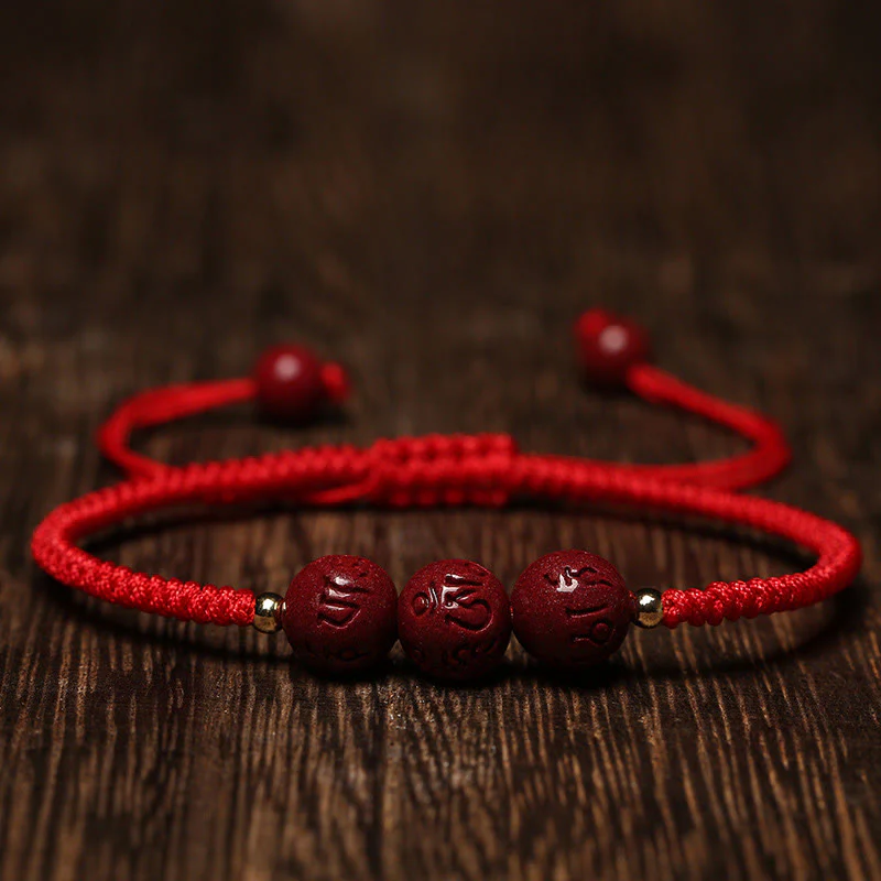 Buddha Stones Cinnabar fatto a mano Om Mani Padme Hum Perline incise Bracciale intrecciato per la benedizione - Image 6