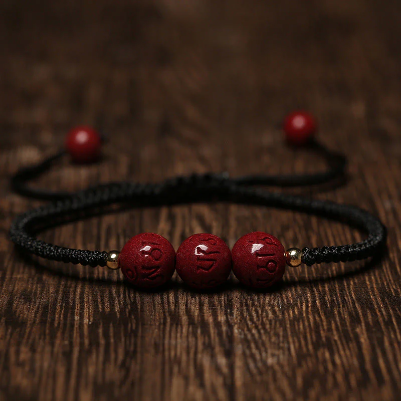 Buddha Stones Cinnabar fatto a mano Om Mani Padme Hum Perline incise Bracciale intrecciato per la benedizione - Image 8