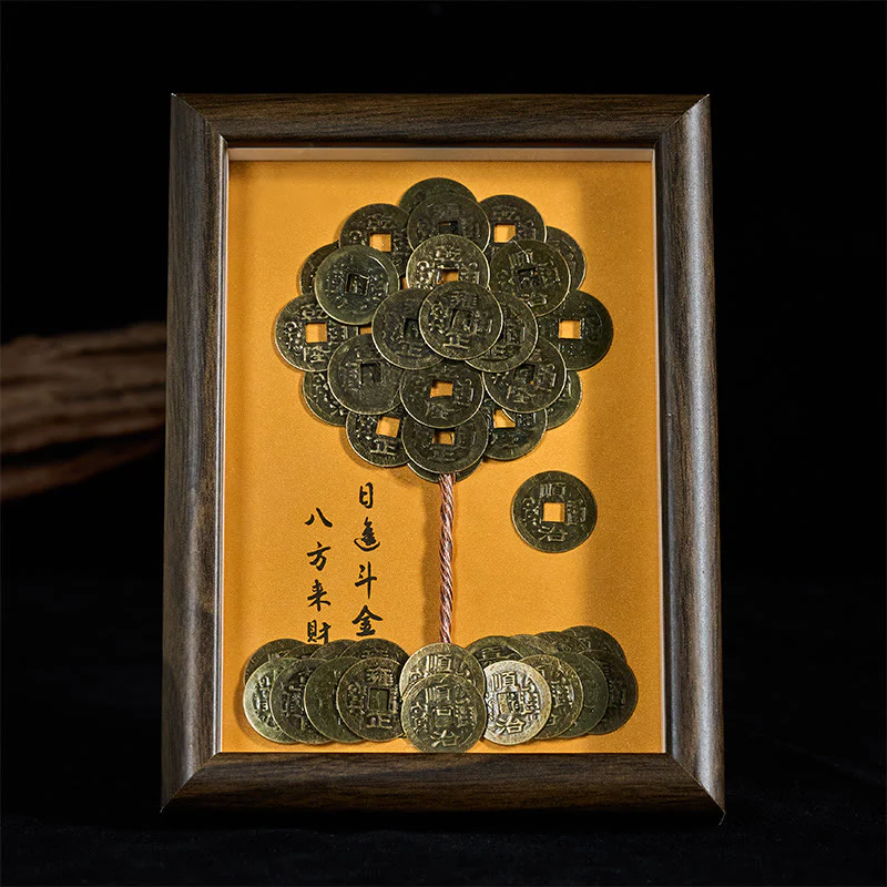 Buddha Stones, cinque monete dell'imperatore, albero, attrazione, fortuna, protezione, cornice per foto, ornamento, arredamento per la casa