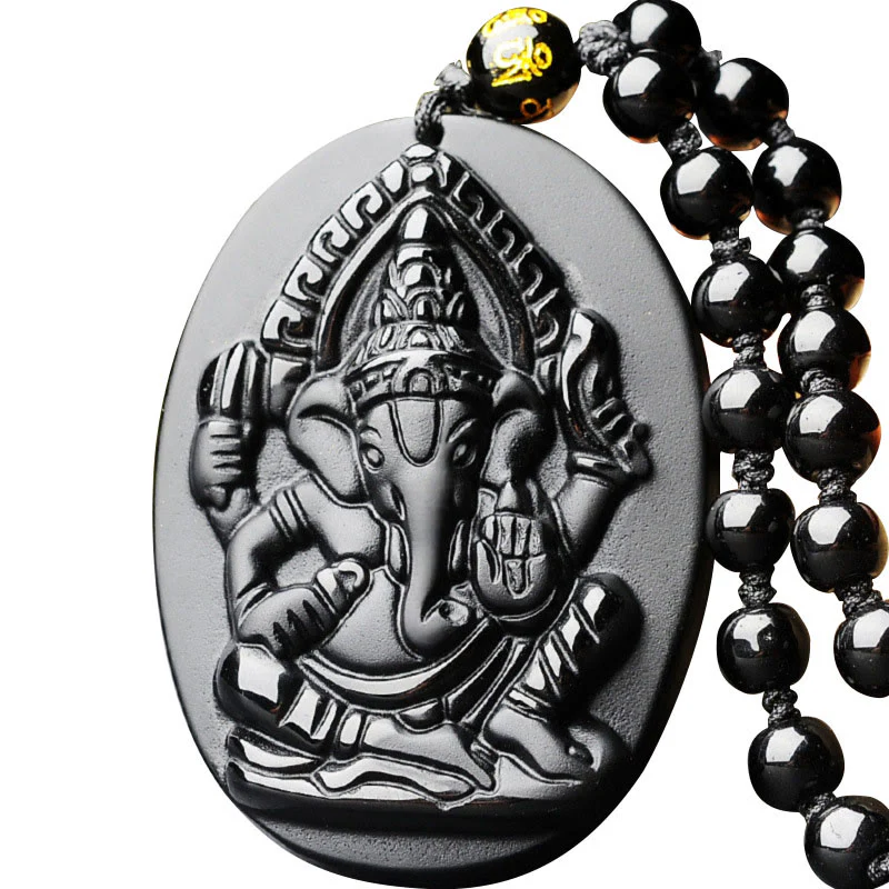 Buddha Stones Collana con amuleto della ricchezza dell'elefante Ganesh Ganpati in ossidiana tibetana
