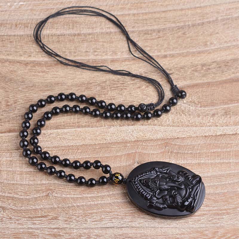 Buddha Stones Collana con amuleto della ricchezza dell'elefante Ganesh Ganpati in ossidiana tibetana - Image 10