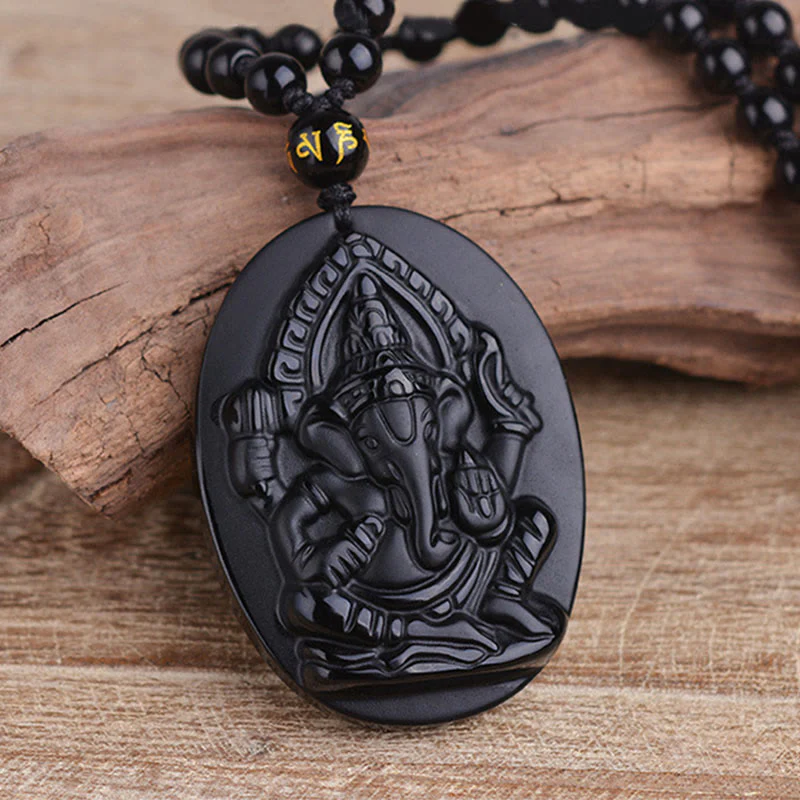 Buddha Stones Collana con amuleto della ricchezza dell'elefante Ganesh Ganpati in ossidiana tibetana - Image 2